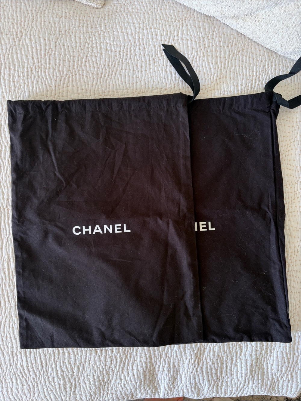CHANEL Black Drawstring Dust Bags with White Logo (Pair)